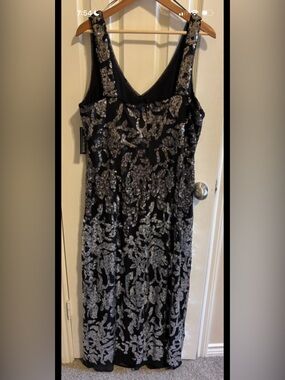 R&M Richards Black Maxi Dress with Silver Sequin Overlay